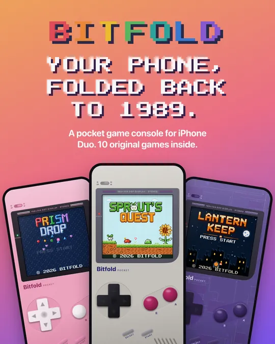 Three phones running Bitfold in Bubblegum, Classic and Atomic, under “Your phone, folded back to 1989.”