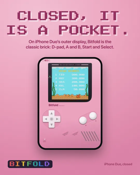 Bitfold in Bubblegum on iPhone Duo's outer display, showing the Tidepool Pinball high scores.