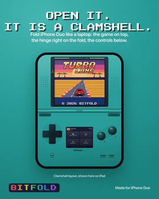Bitfold's teal clamshell layout, shown on iPad, with Turbo Lane on the top screen.