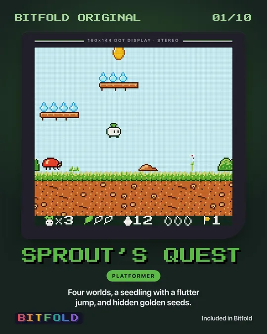 Sprout's Quest: a seedling hero leaps between floating platforms above a meadow.