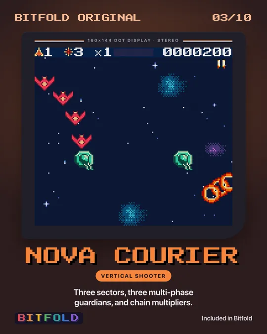 Nova Courier: a small ship facing a column of enemy fighters in deep space.