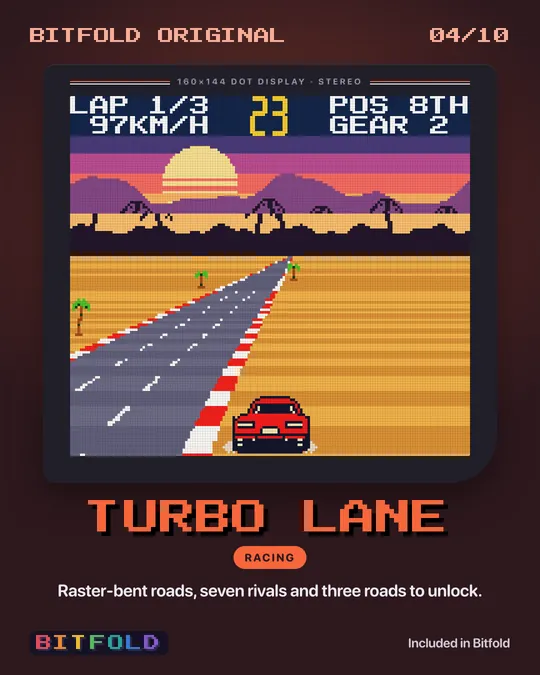 Turbo Lane: a red sports car on a desert road curving towards a pixel sunset.