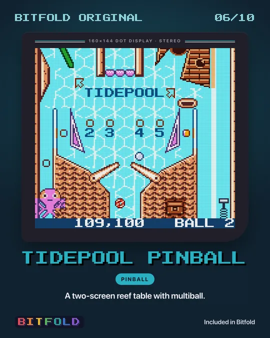 Tidepool Pinball: a turquoise reef table with flippers, bumpers and an octopus.