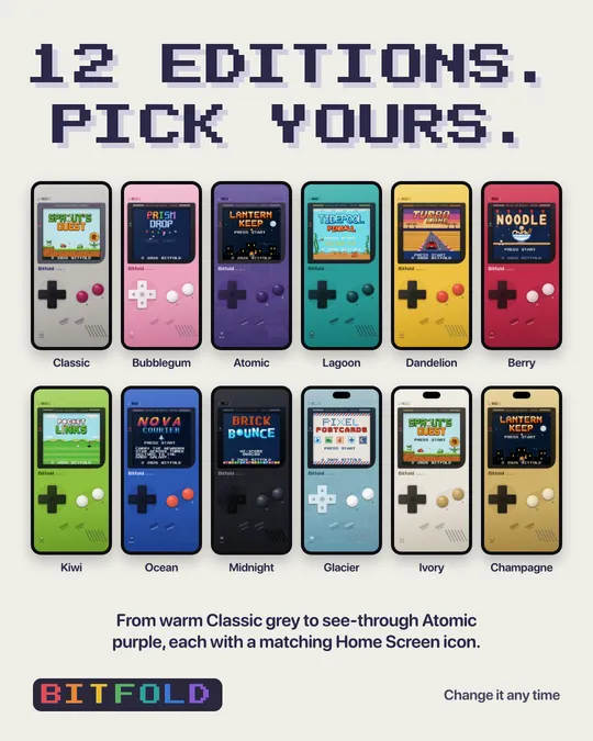 Twelve phones, each running Bitfold in a different colour edition.