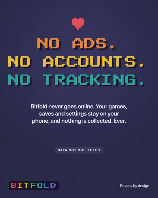 Pixel lettering reading “No ads. No accounts. No tracking.” under a pixel heart.
