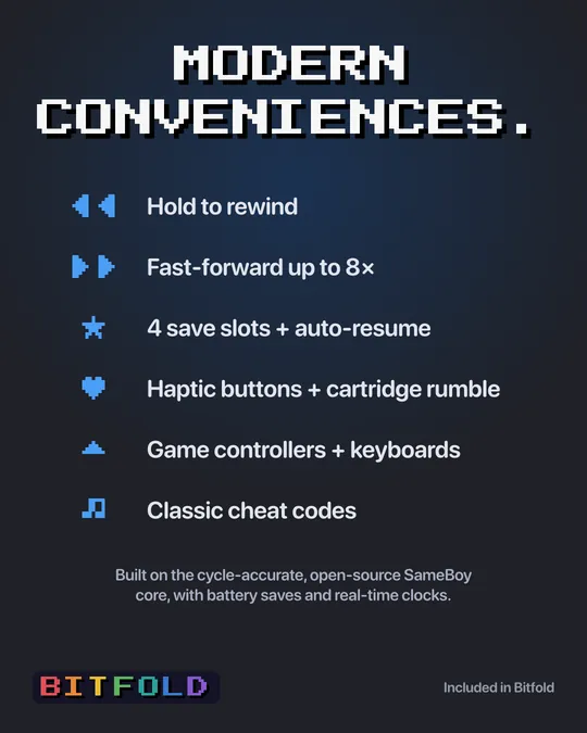 Bitfold's features with pixel icons: rewind, fast-forward, save slots, haptics, controllers and cheats.