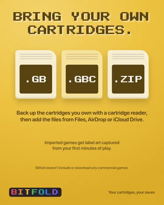 Three cartridge illustrations labelled .GB, .GBC and .ZIP under “Bring your own cartridges.”