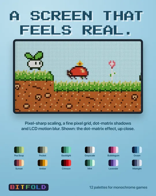 A close-up of Bitfold's dot-matrix screen effect above twelve screen palettes.