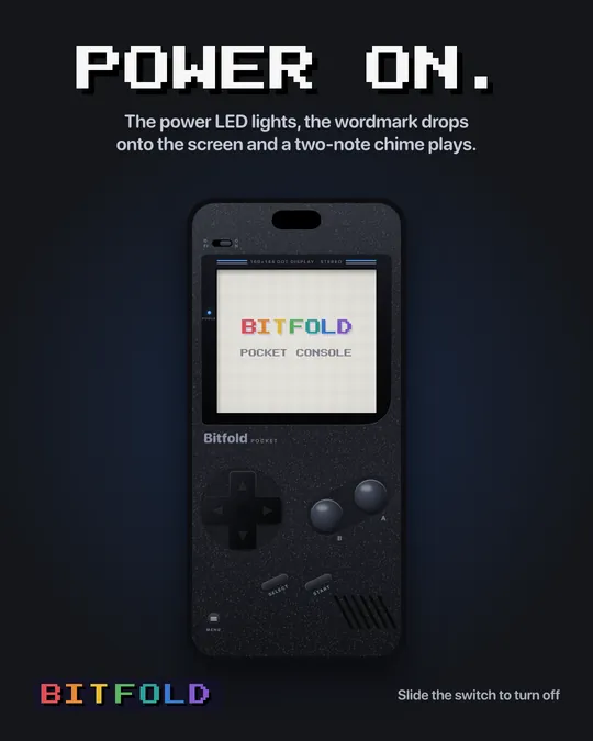 Bitfold's Midnight edition mid power-on, with the rainbow wordmark on its screen.