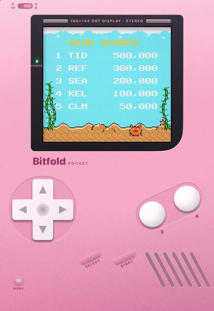 Bitfold in the Bubblegum edition on iPhone Duo's outer display, showing the Tidepool Pinball high-score table