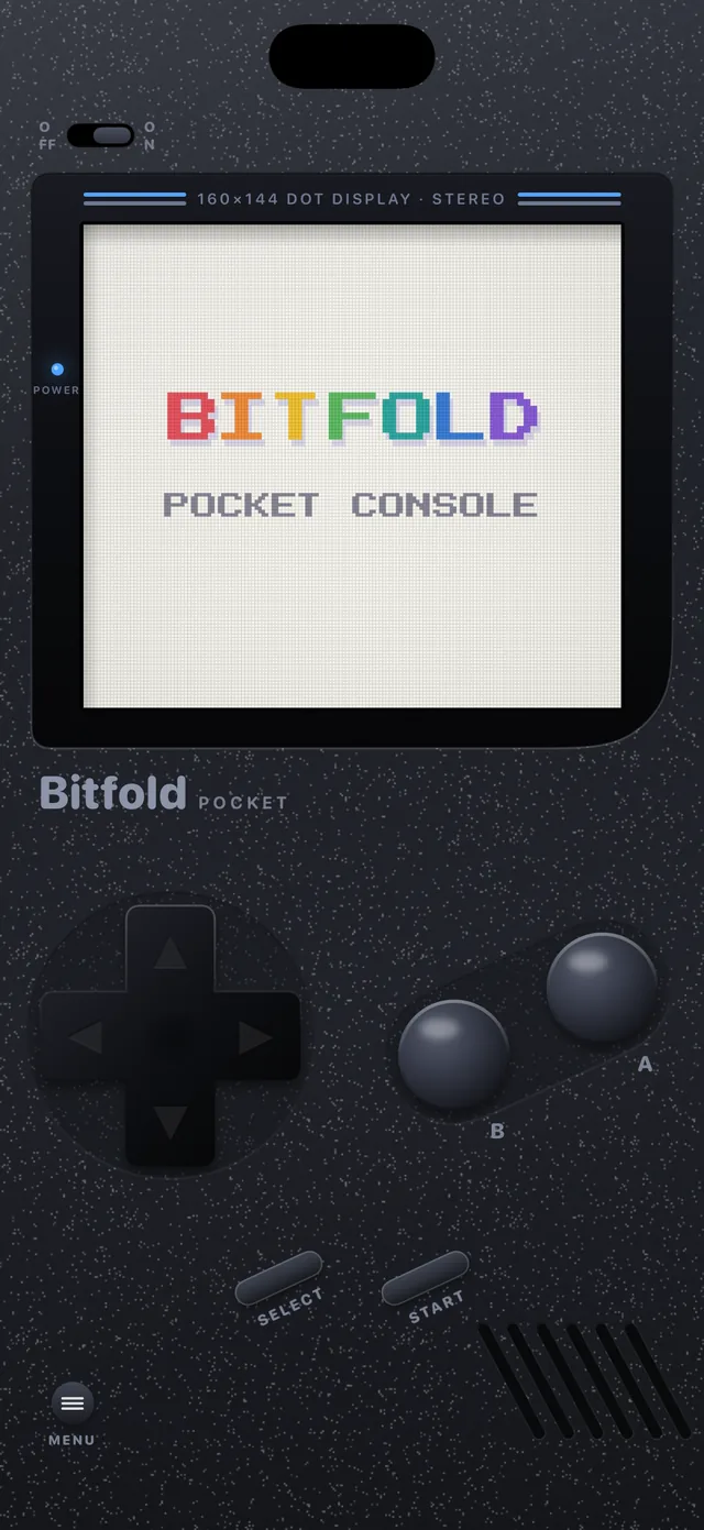 Bitfold's Midnight edition mid power-on, with the rainbow Bitfold wordmark on its screen